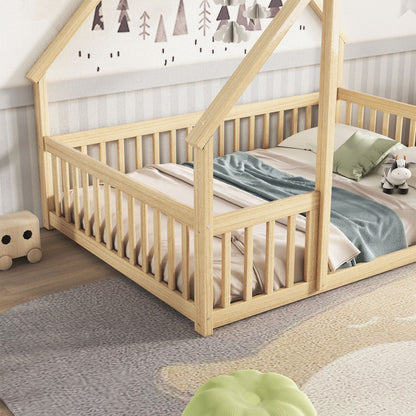 A Wood House Floor Bed with Guardrail Fence