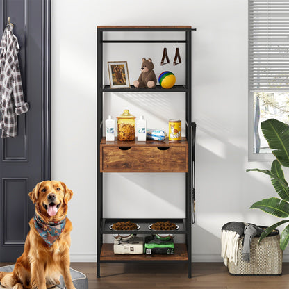 Dog feeding station etagere in black metal with brown wood shelves, framed dog photo on display on Tampa Home & Garden Store