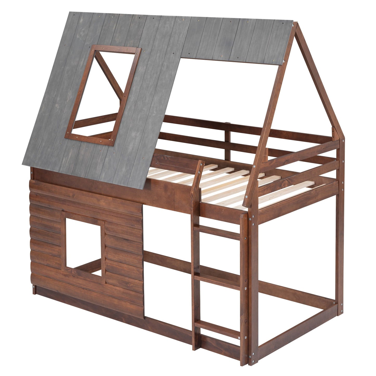 Wood twin-size house bunk bed with roof, ladder and 2 windows in oak & smoky gray HouseOfZazla on Tampa Home & Garden Store