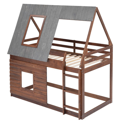 Wood twin-size house bunk bed with roof, ladder and 2 windows in oak & smoky gray HouseOfZazla on Tampa Home & Garden Store