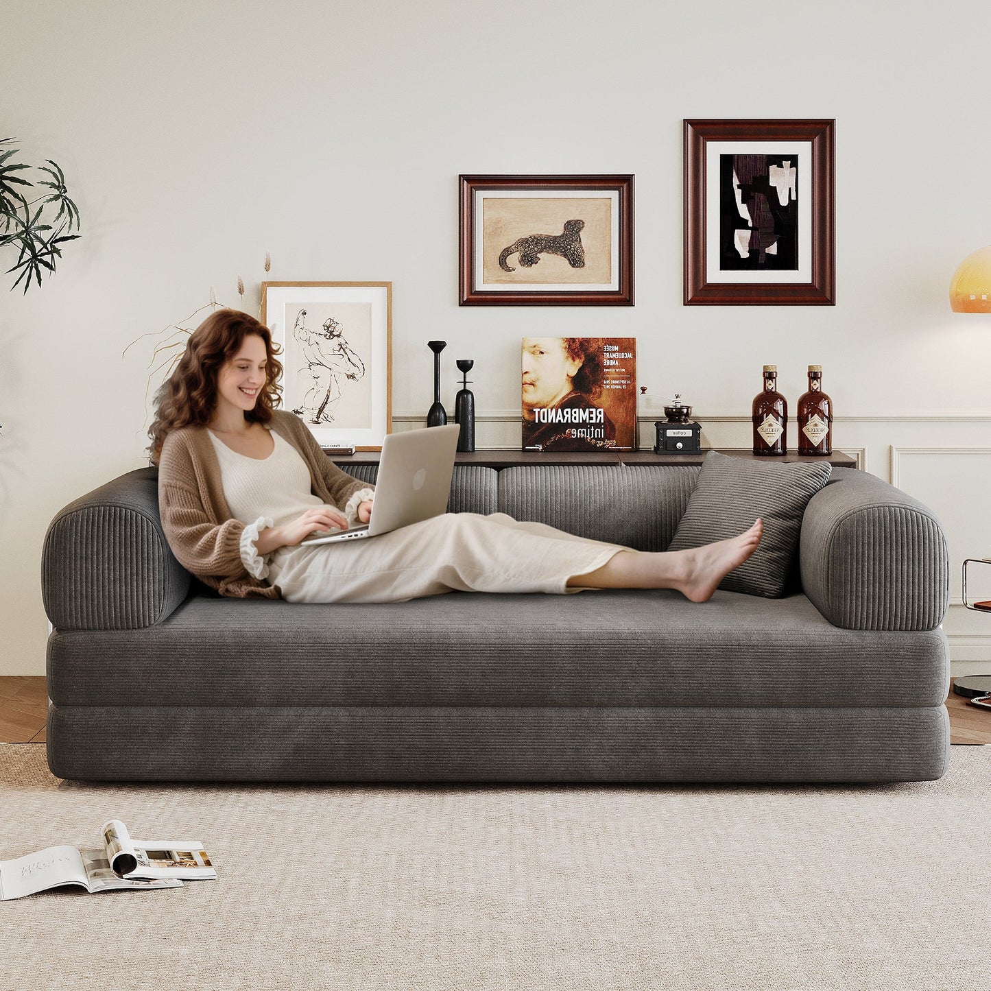 Premium Corduroy Sofa Bed and a Pillow Support