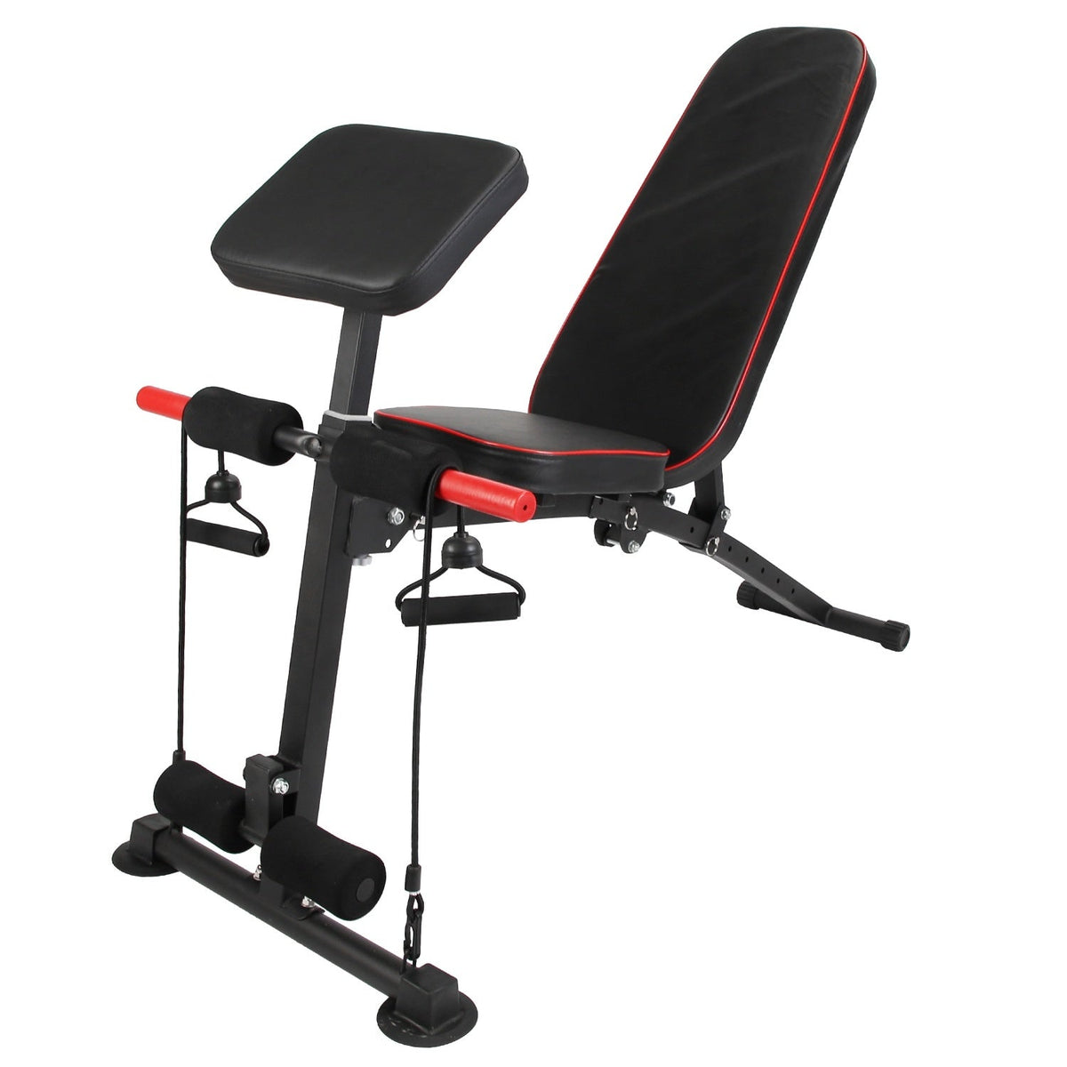 Adjustable weight bench with preacher curl pad and resistance bands, black with red accents on Tampa Home & Garden Store