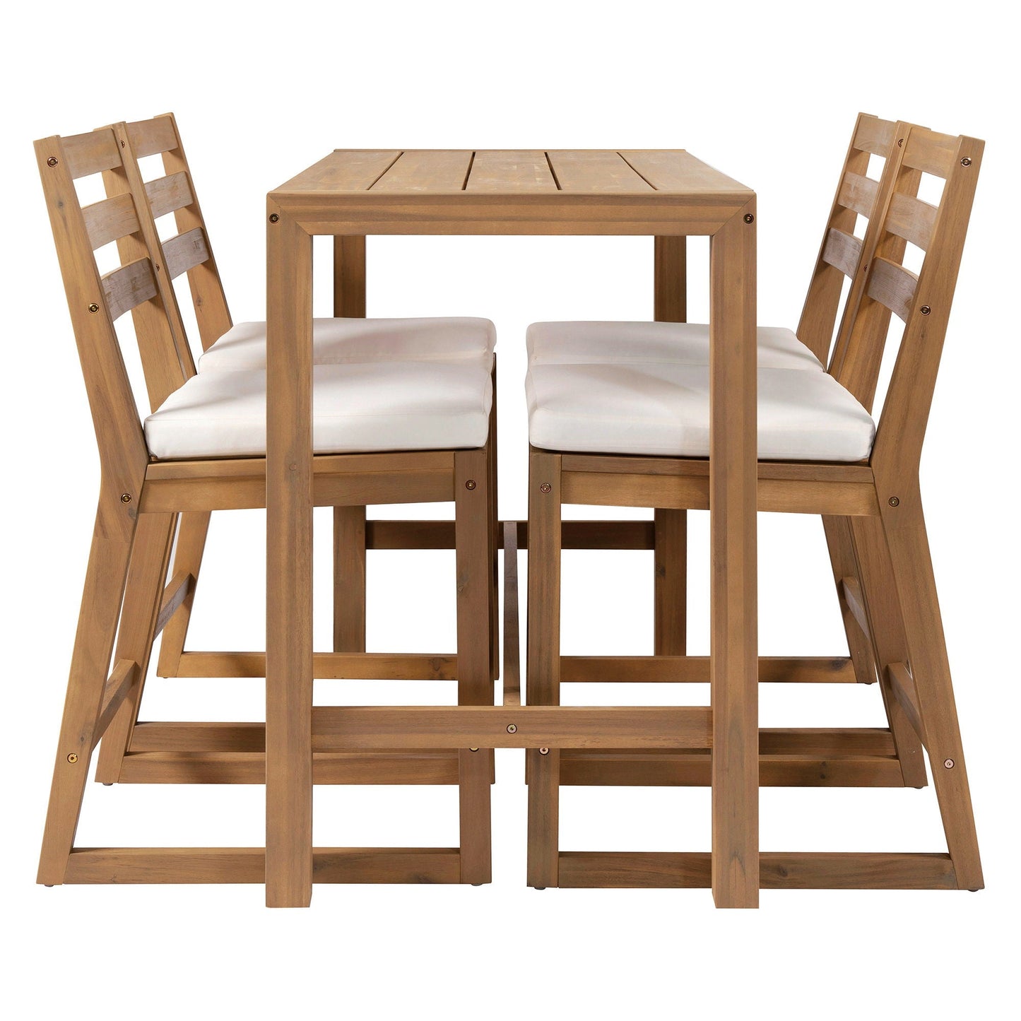 Patio Bar Set with ergonomic wooden chairs and beige cushions 5-piece outdoor dining set on Tampa Home & Garden Store