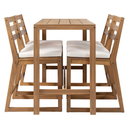 Patio Bar Set with ergonomic wooden chairs and beige cushions 5-piece outdoor dining set on Tampa Home & Garden Store