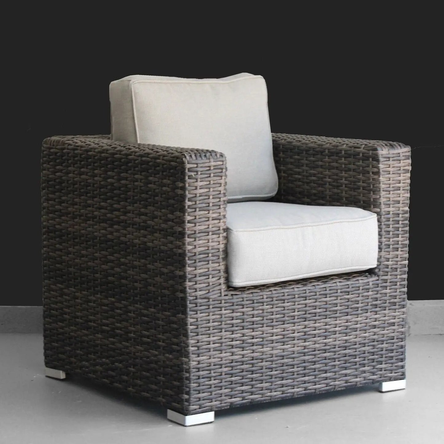 Patio chair with cushions, brown wicker frame and beige cushions, Unique Piece Furniture on Tampa Home & Garden Store