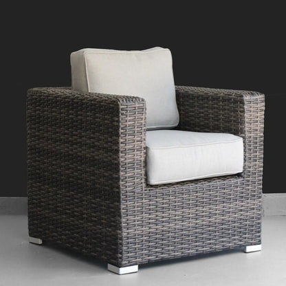 Patio chair with cushions, brown wicker frame and beige cushions, Unique Piece Furniture on Tampa Home & Garden Store
