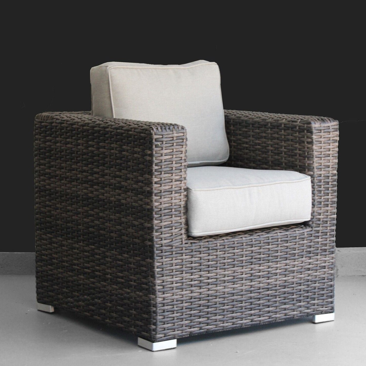 Patio arm chair in dark woven rattan with light beige cushions outdoor chair on Tampa Home & Garden Store