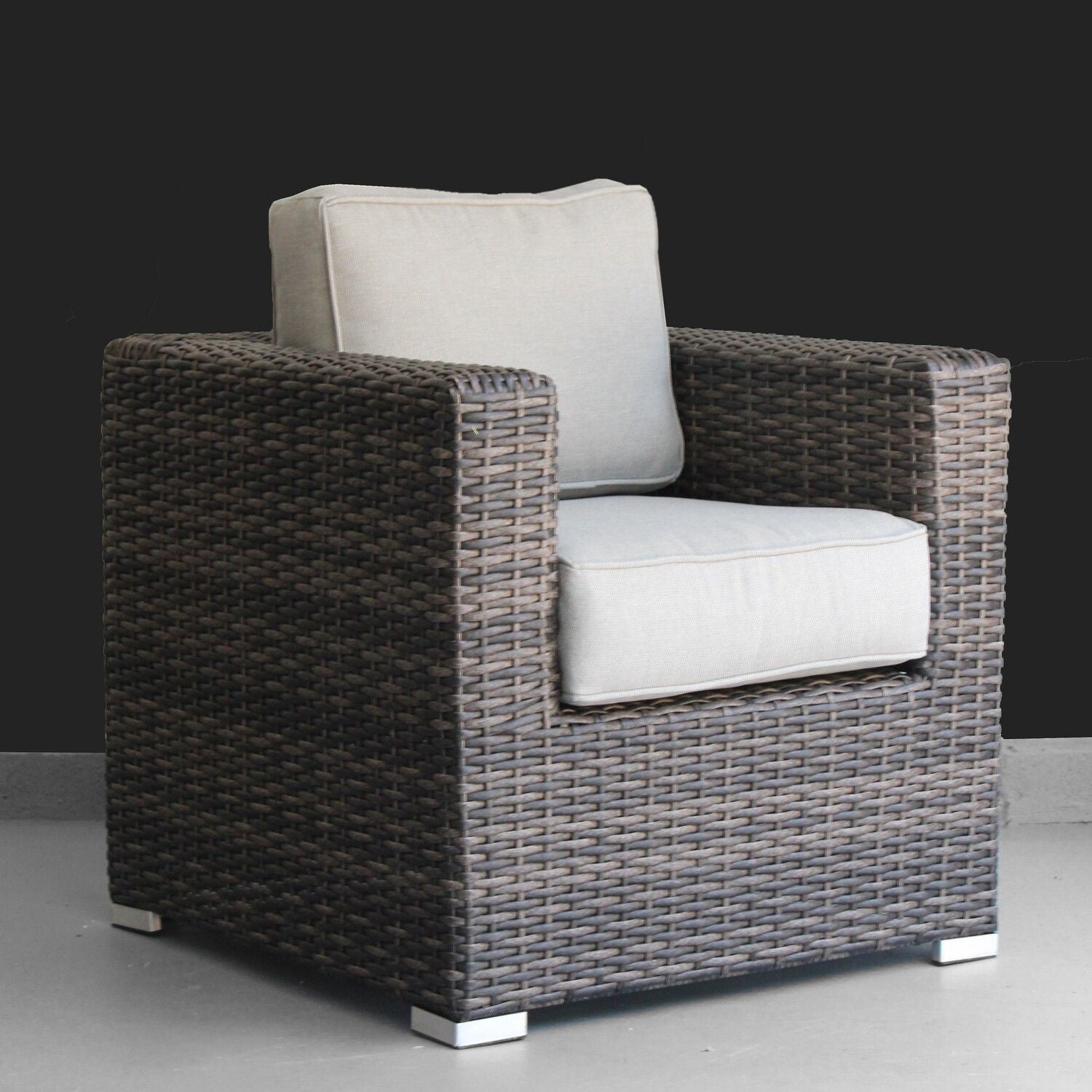 Patio arm chair in dark woven rattan with light beige cushions outdoor chair on Tampa Home & Garden Store