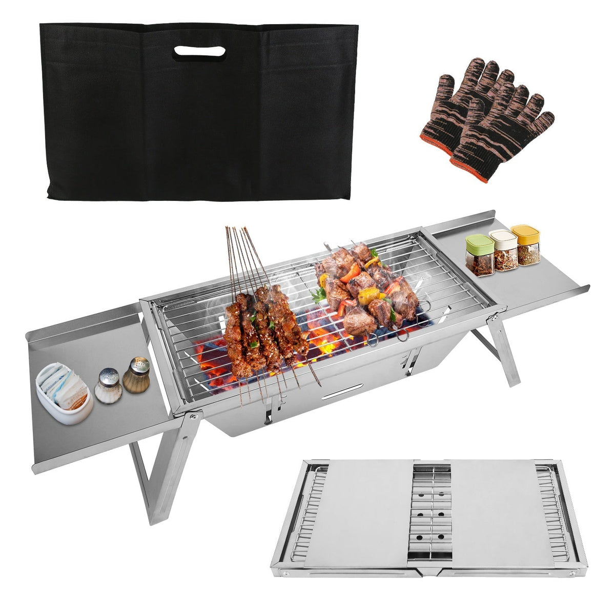 GemGear 3-in-1 foldable charcoal grill fire pit, stainless steel, with side table and bag on Tampa Home & Garden Store