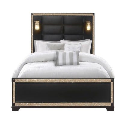 Lively panel bed with dual lamps, black tufted headboard with gold glitter frame on Tampa Home & Garden Store