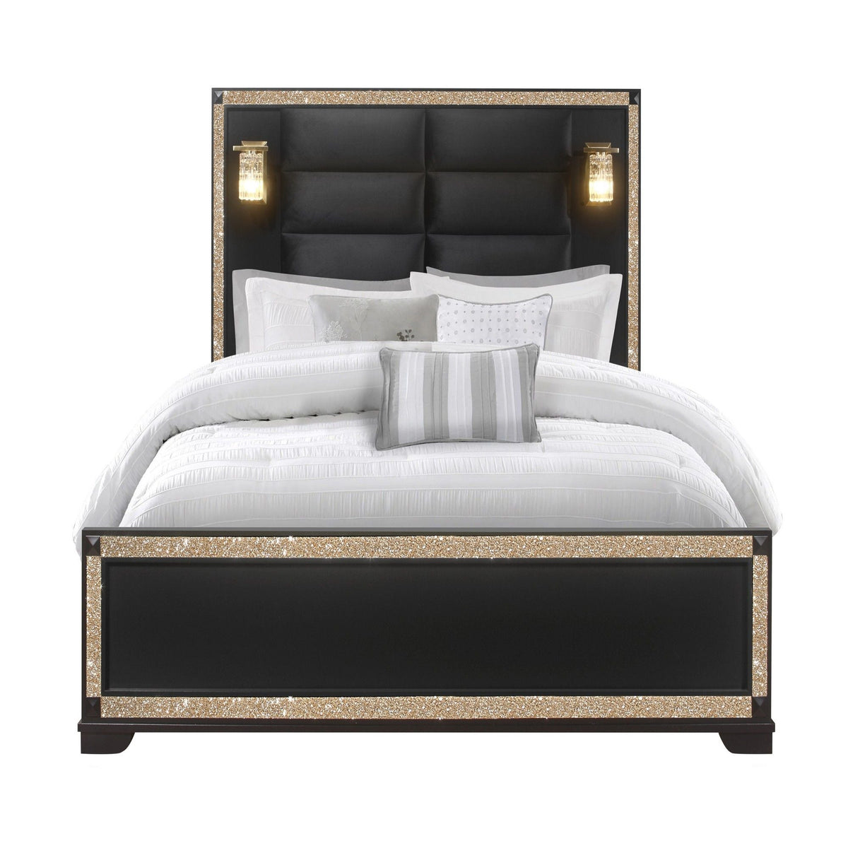 Lively bed with lamps by HouseOfZazla, black tufted panel headboard with gold glitter frame on Tampa Home & Garden Store