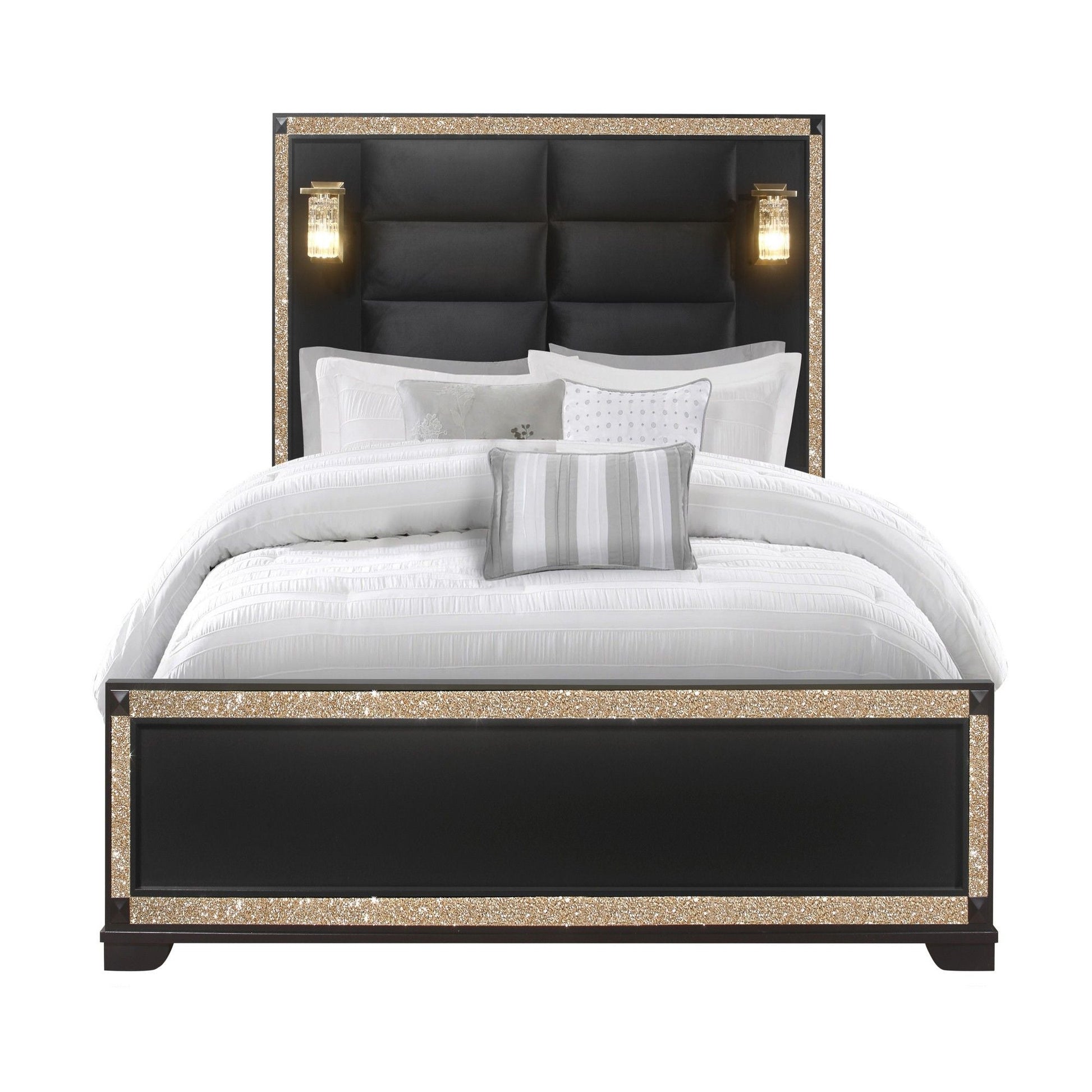 Lively bed with lamps by HouseOfZazla, black tufted panel headboard with gold glitter frame on Tampa Home & Garden Store