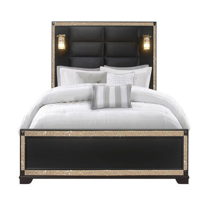 Lively bed with lamps by HouseOfZazla, black tufted panel headboard with gold glitter frame on Tampa Home & Garden Store