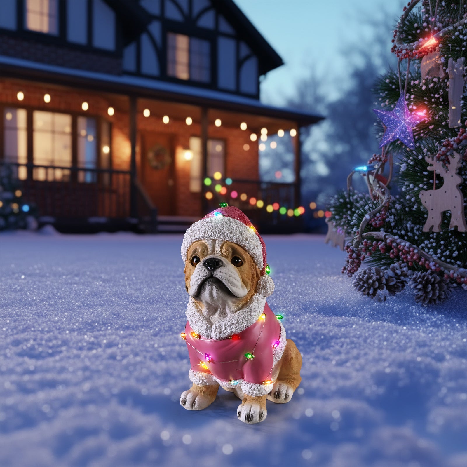 Christmas Pug Statue with pink Santa coat and colorful string lights on snowy lawn on Tampa Home & Garden Store