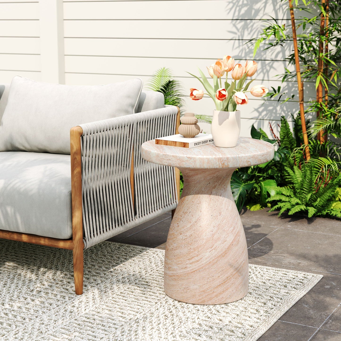 HouseOfZazla outdoor travertine side table lightweight beige stone with pink tulip vase on Tampa Home & Garden Store