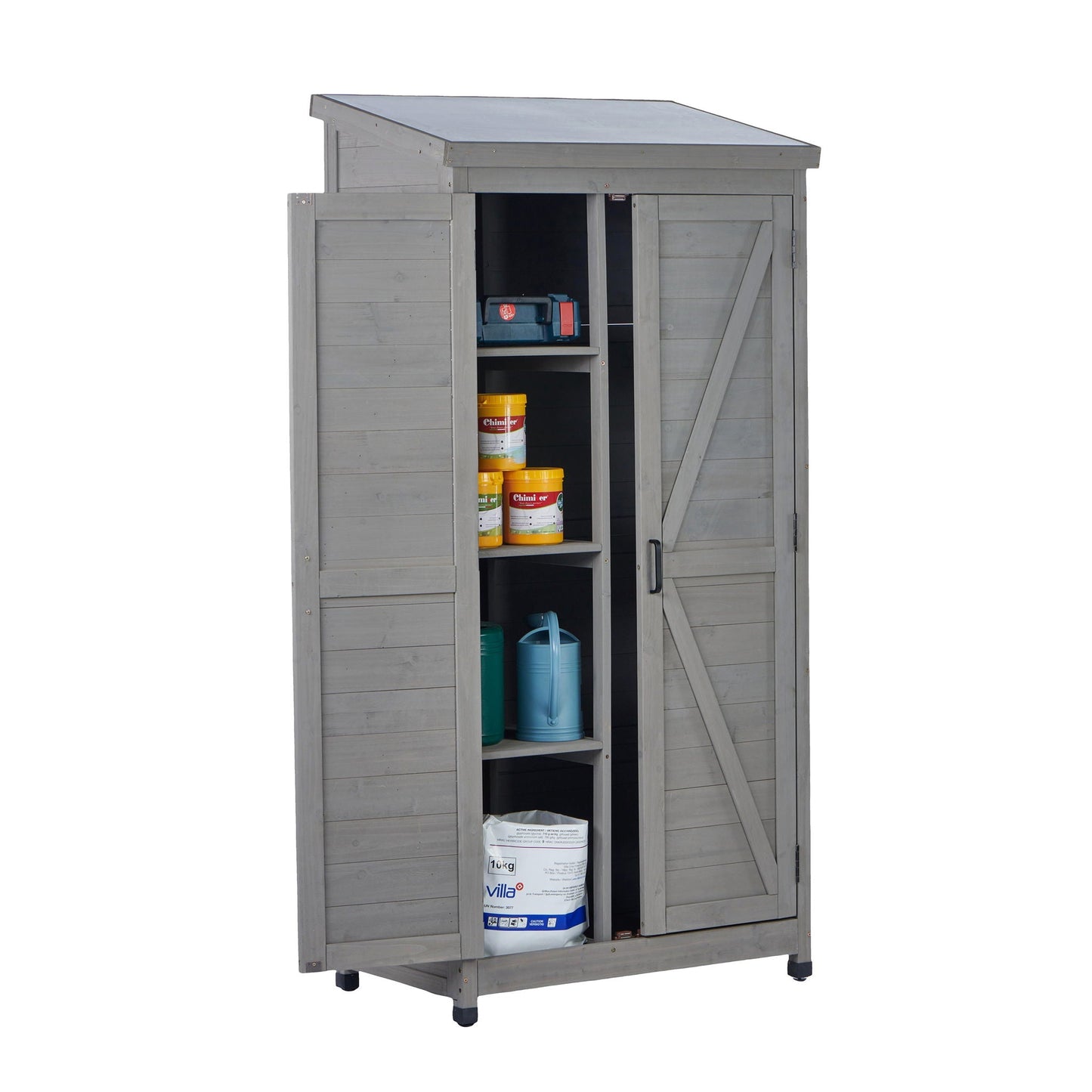 Outdoor Shed With Vertical Tool Cabinet and Shelf