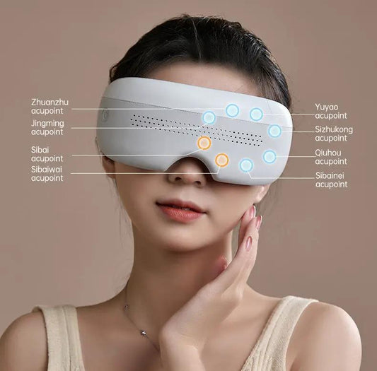 Warm eye massager with 3D vibration and Bluetooth, white mask worn by a woman with LED points on Tampa Home & Garden Store