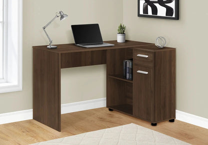 Corner computer desk, dark wood finish, L-shaped with three-drawer cabinet and open shelf on Tampa Home & Garden Store