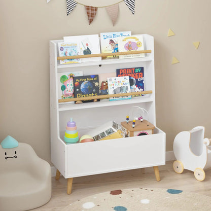 White bookcase with toy storage and light wood rails displaying children's books on Tampa Home & Garden Store