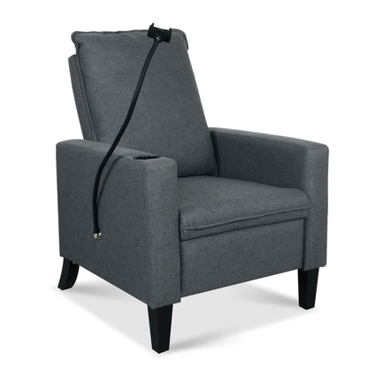 Recliner chair in grey fabric with cup holder, adjustable push-back design on Tampa Home & Garden Store