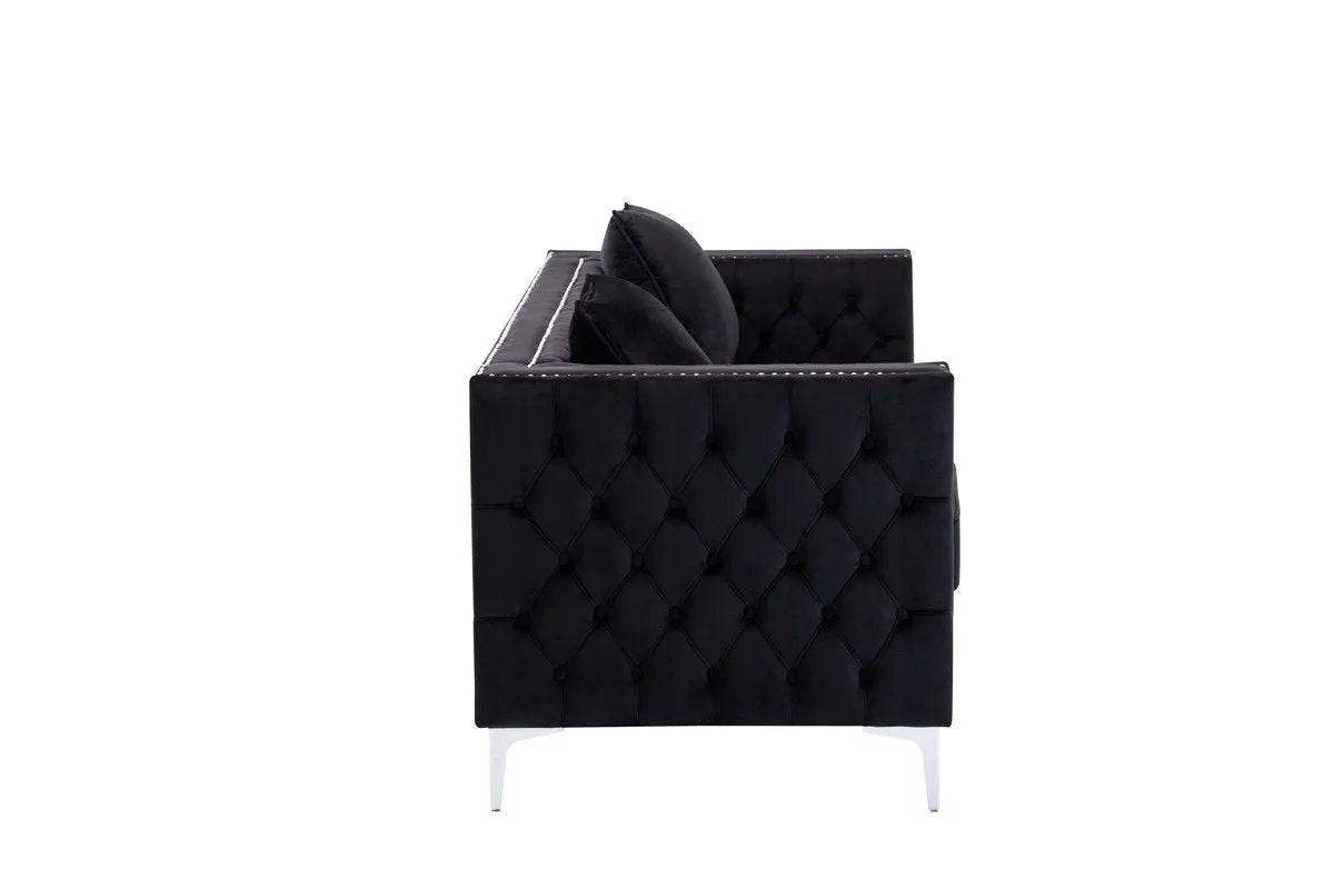 Lorreto Sofa black velvet with diamond tufting and silver legs Unique Piece Furniture on Tampa Home & Garden Store