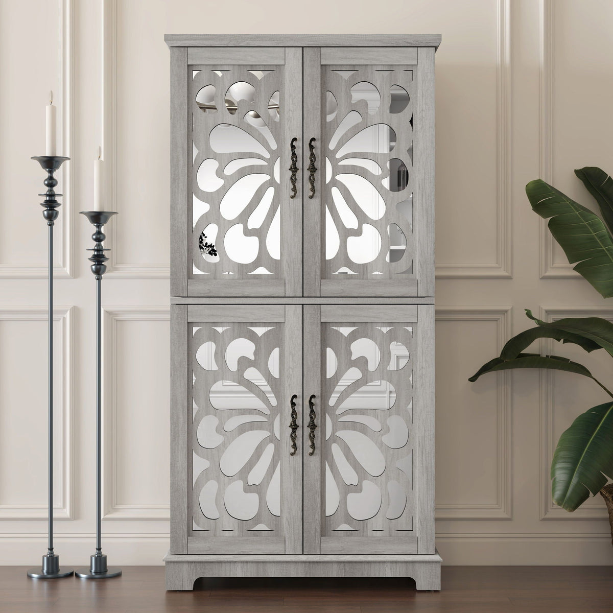 HouseOfZazla sideboard buffet with mirrored doors in gray weathered wood adjustable shelves on Tampa Home & Garden Store