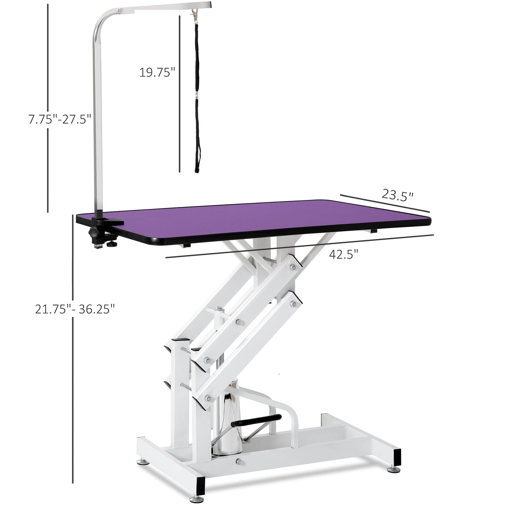 HouseOfZazla hydraulic pet grooming table with purple top and white frame adjustable arm on Tampa Home & Garden Store