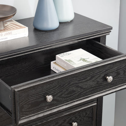 Modern 5-drawer black dresser by HouseOfZazla with dark wood grain and silver knob pulls on Tampa Home & Garden Store