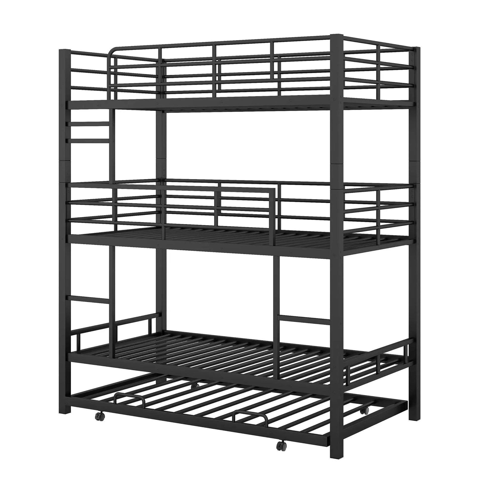 Triple Bunk Bed With Trundle in black heavy-duty steel with three bunks and ladder on Tampa Home & Garden Store