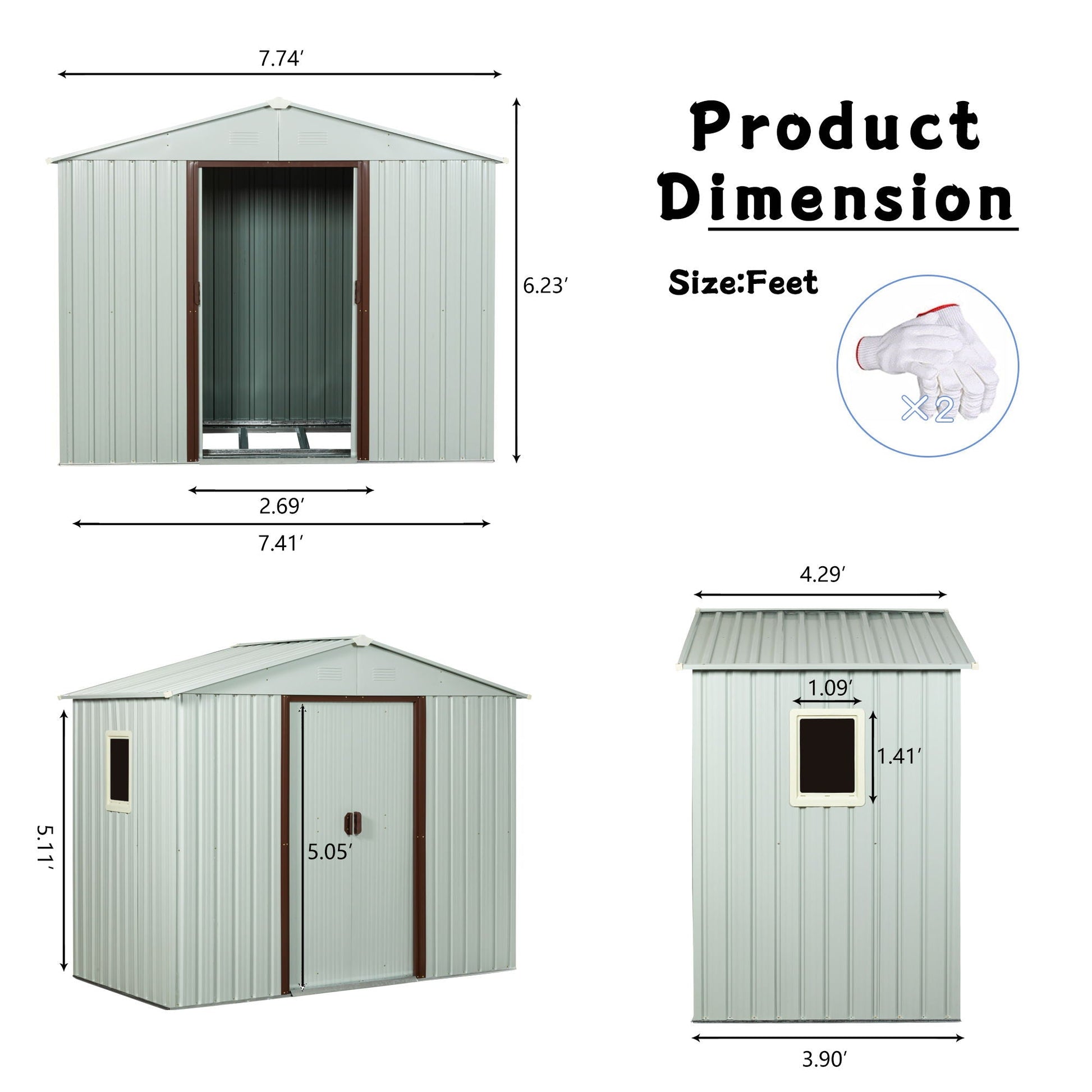 Outdoor metal storage shed by HouseOfZazla, 88.98in with window, gray steel, brown trim on Tampa Home & Garden Store