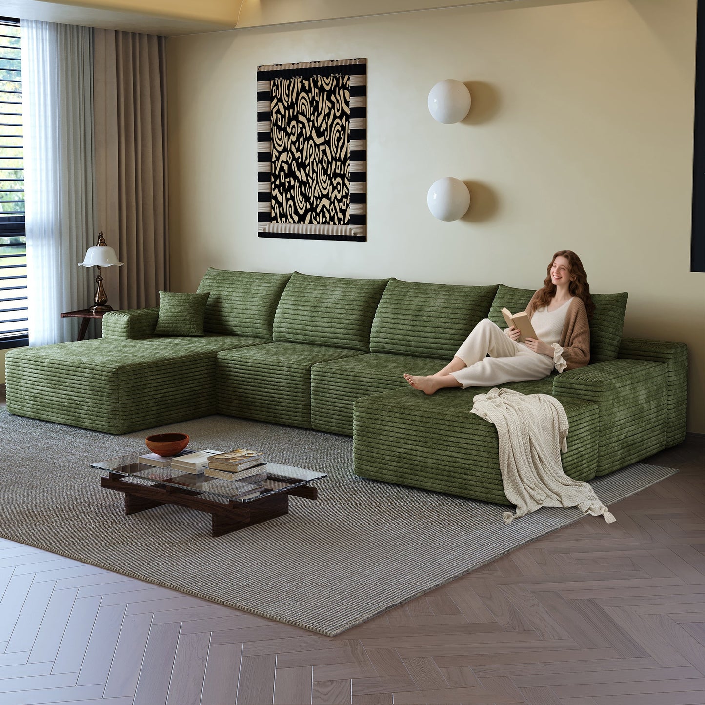 135in Cloud Sectional Sofa with 1 Ottoman in green textured fabric by HouseOfZazla on Tampa Home & Garden Store