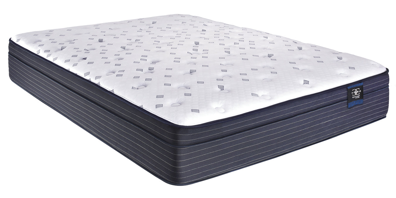 Restonic Comfortcare Hybrid Euro Top Mattress, navy blue striped sides with white quilted top on Tampa Home & Garden Store