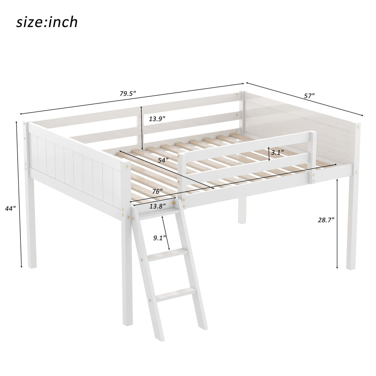 Low Loft Bed with Adjustable Ladder, white wooden frame by HouseOfZazla on Tampa Home & Garden Store