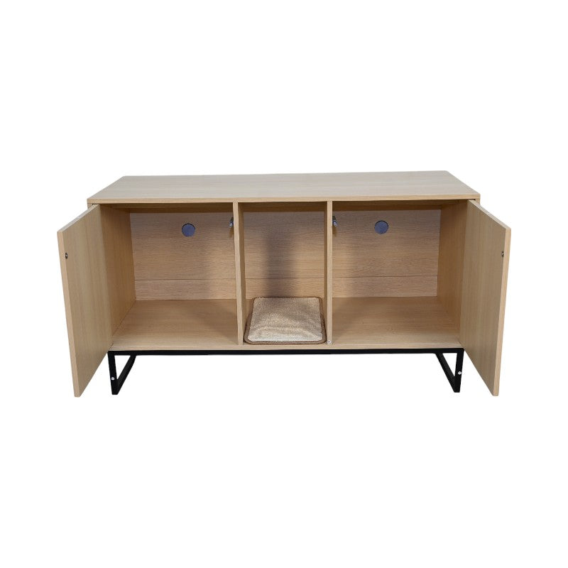 Modern wooden cat house with scratching mat, 3-compartment natural wood pet bed cabinet by HouseOfZazla on Tampa Home & Garden Store