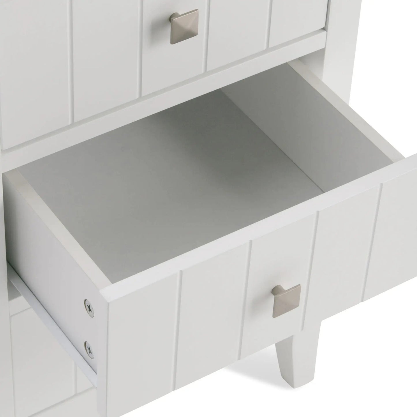 Acadian 4-Drawer Floor Storage Cabinet in pure white with square brushed-nickel pulls on Tampa Home & Garden Store
