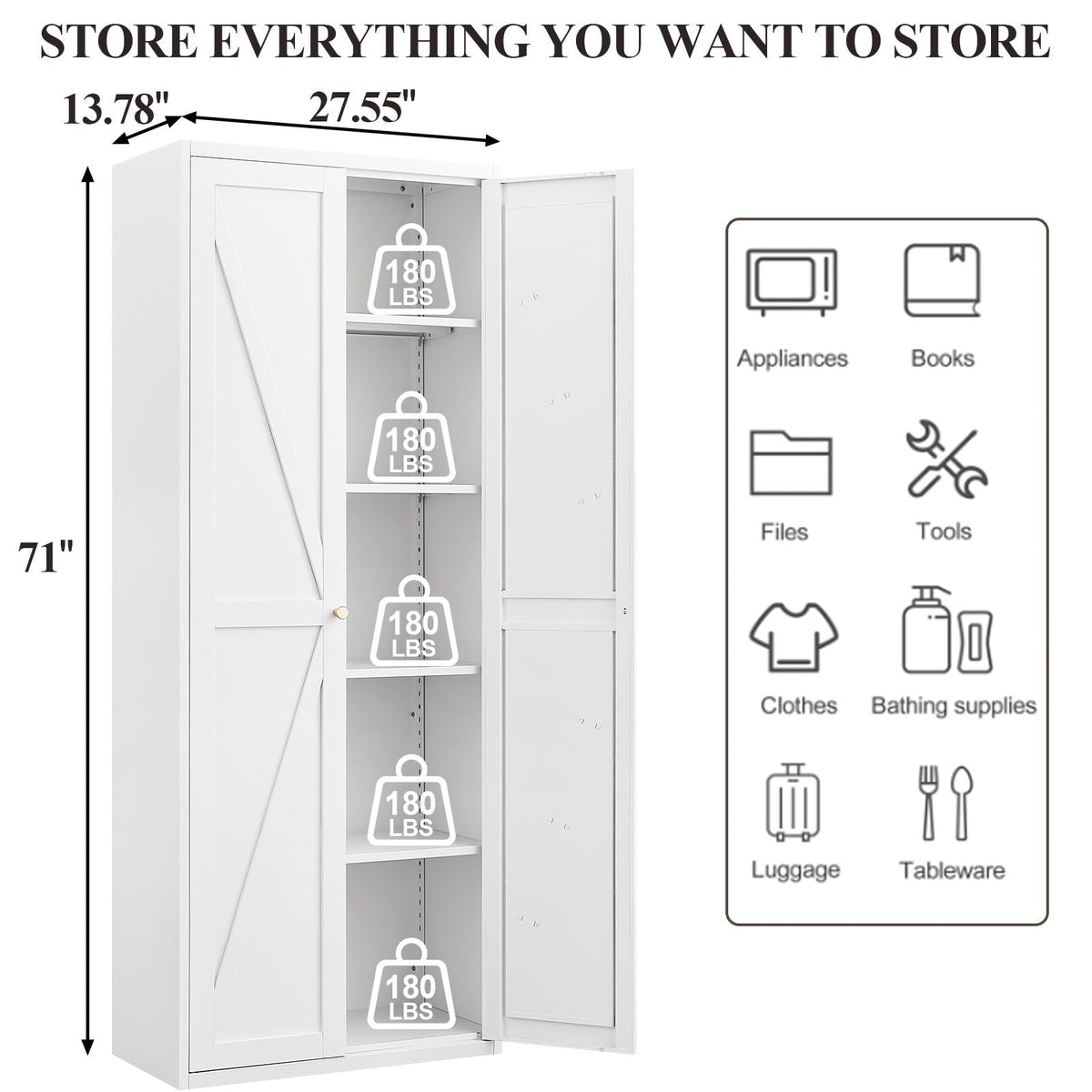 Adjustable 2-Door Storage Cabinet, white finish with barn-door panel and adjustable shelves on Tampa Home & Garden Store