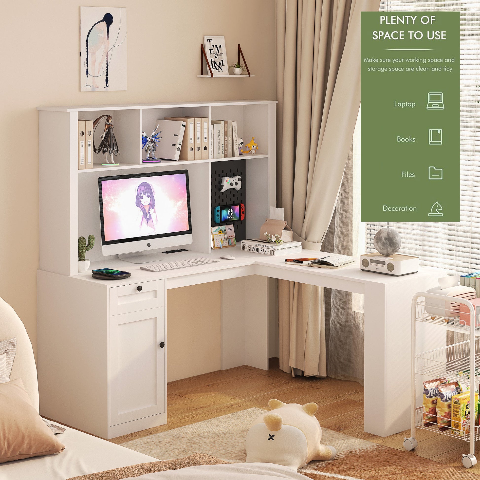 Corner gaming computer desk with socket, drawers, bookshelf and writing desk, modern L-shaped learning desk with storage space - Tampa Home & Garden Store