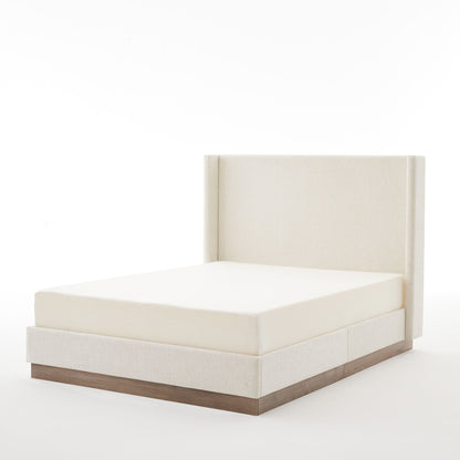Hosford upholstered wingback bed with wood base platform in beige fabric by HouseOfZazla on Tampa Home & Garden Store