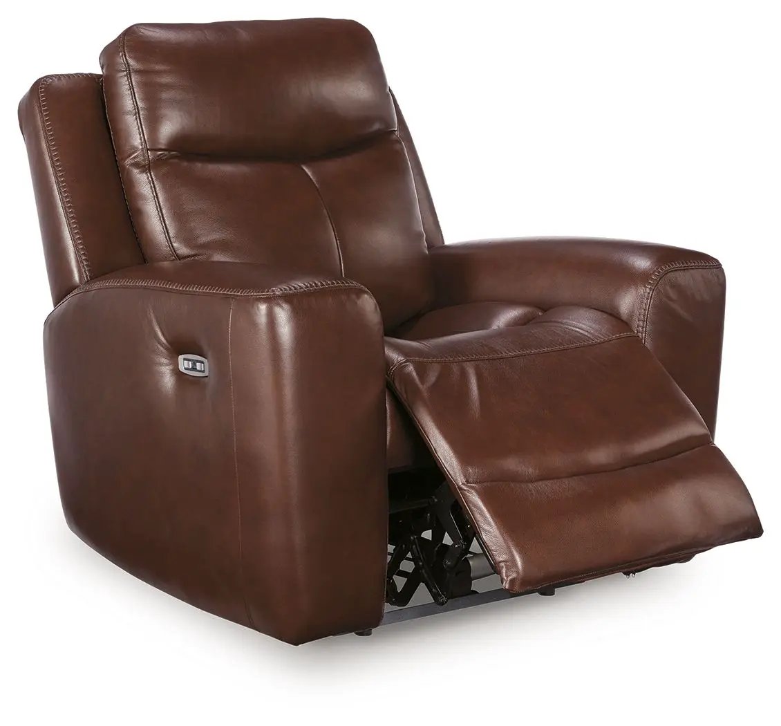 Bexhurst power reclining chair in brown leather with adjustable headrest and extended footrest on Tampa Home & Garden Store