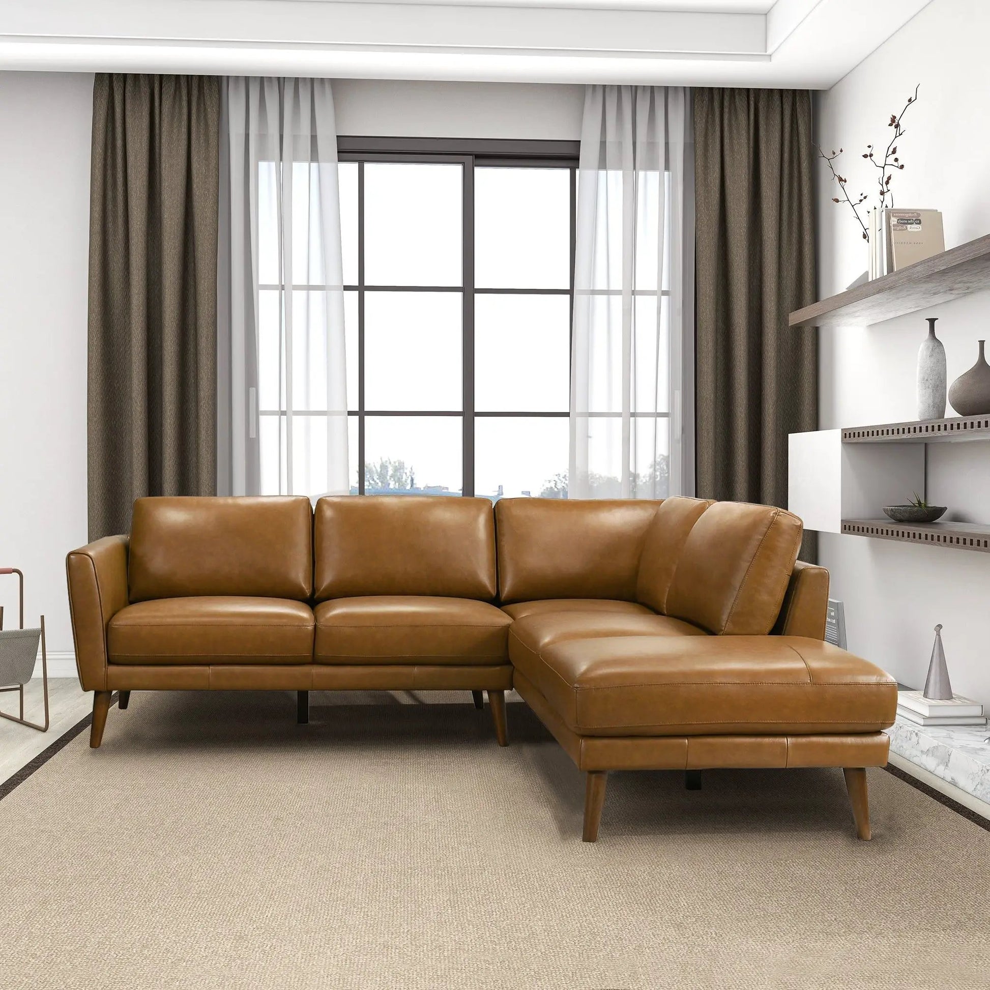 Benson sectional sofa with chaise, brown leather, stationary by Unique Piece Furniture, wood legs on Tampa Home & Garden Store