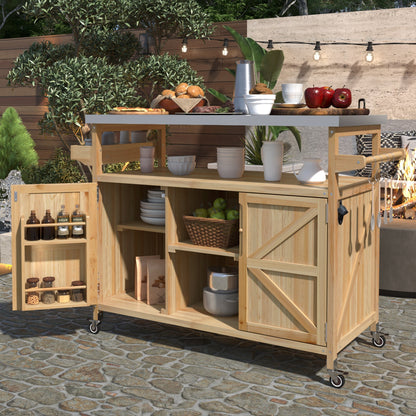 K&K Outdoor Kitchen Island rolling bar cart with storage, natural wood and stainless top on Tampa Home & Garden Store