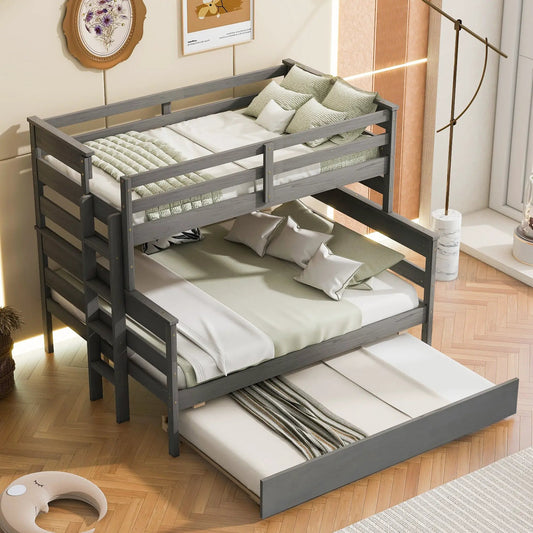 Gray wood twin over full bunk bed with twin trundle and guard rails on Tampa Home & Garden Store