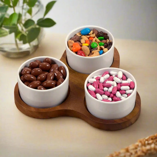 Kalmar Home triangular wooden serving tray with three white ceramic bowls on Tampa Home & Garden Store