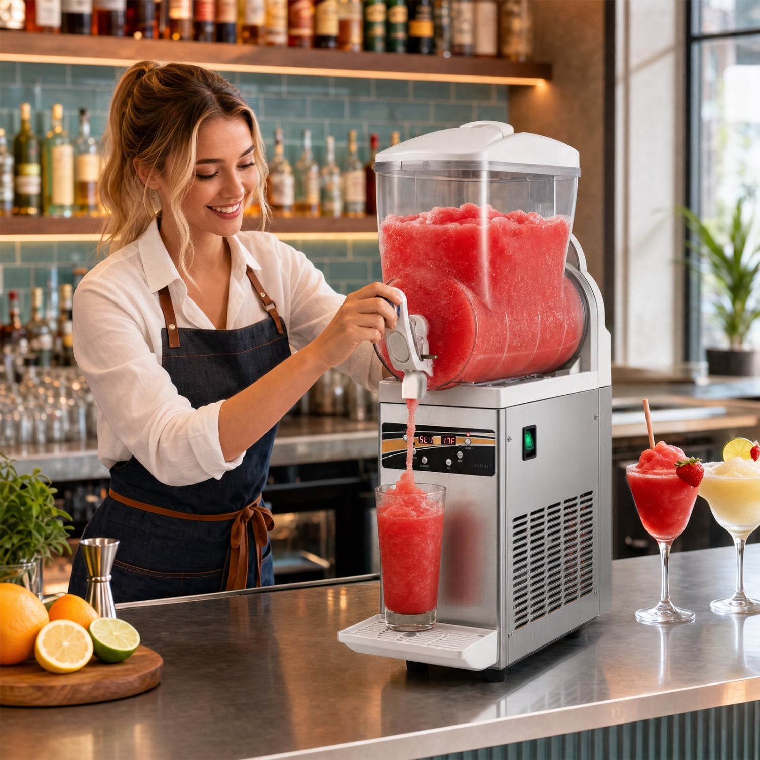 Commercial Slushy Machine 15L 1-tank DirectDeals, stainless steel body, red slush on Tampa Home & Garden Store