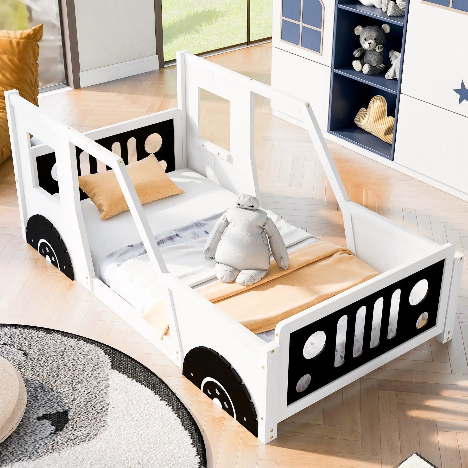 Classic Car Shaped Platform Bed With Wheels by Unique Piece Furniture, set of 2 white twin car beds with black wheel accents on Tampa Home & Garden Store