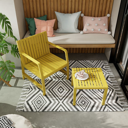 Waterproof two piece outdoor patio set by HouseOfZazla with bright yellow slatted chairs on Tampa Home & Garden Store