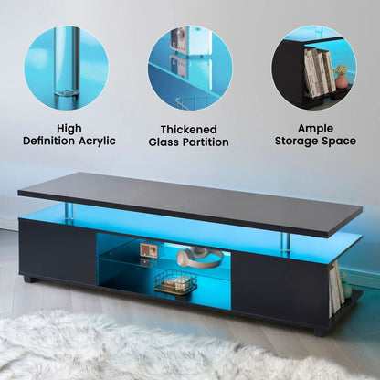 Unique Piece Furniture TV Stand with LED lighting, black finish, glass shelves and side cabinet on Tampa Home & Garden Store