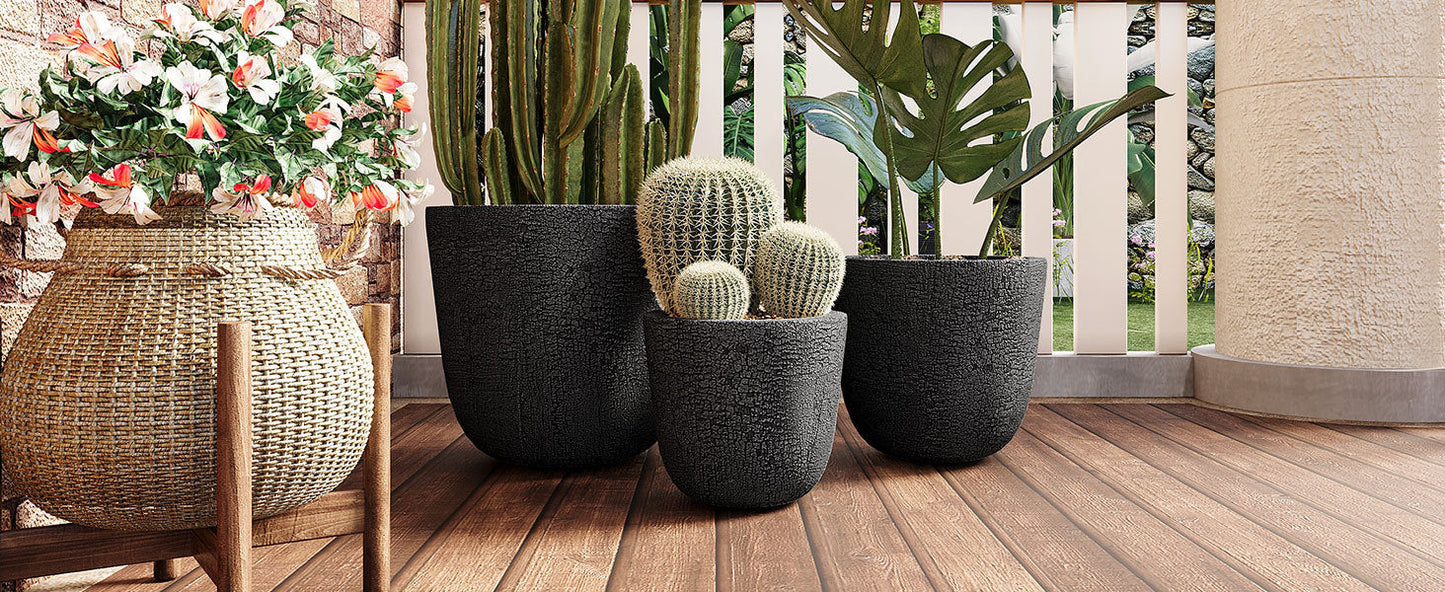 U_STYLE lightweight MGO planters set of 3 in black textured finish with cacti on a deck on Tampa Home & Garden Store