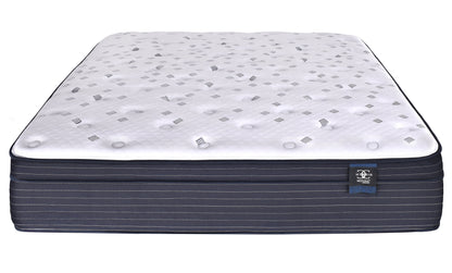 Restonic Comfortcare Hybrid Euro Top Mattress white quilted top with navy base tag on Tampa Home & Garden Store