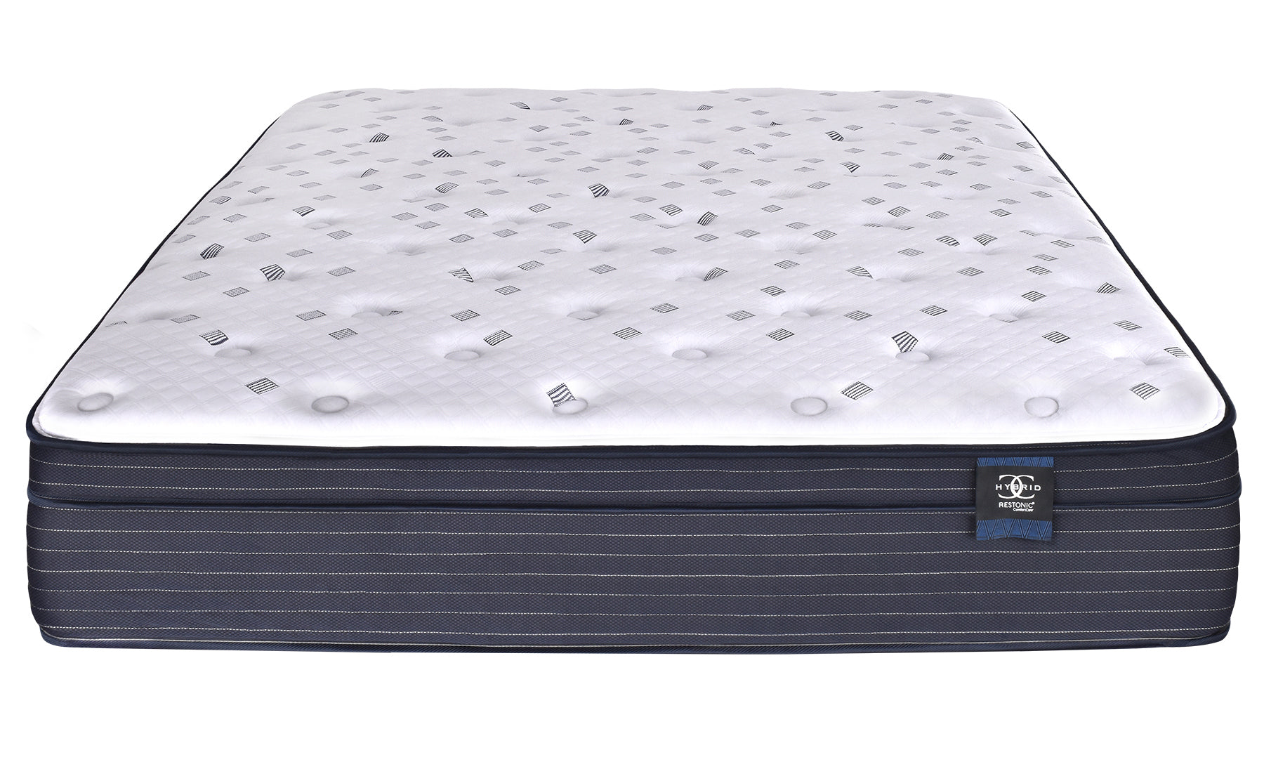 Restonic Comfortcare Hybrid Euro Top Mattress white tufted top with navy base HouseOfZazla on Tampa Home & Garden Store